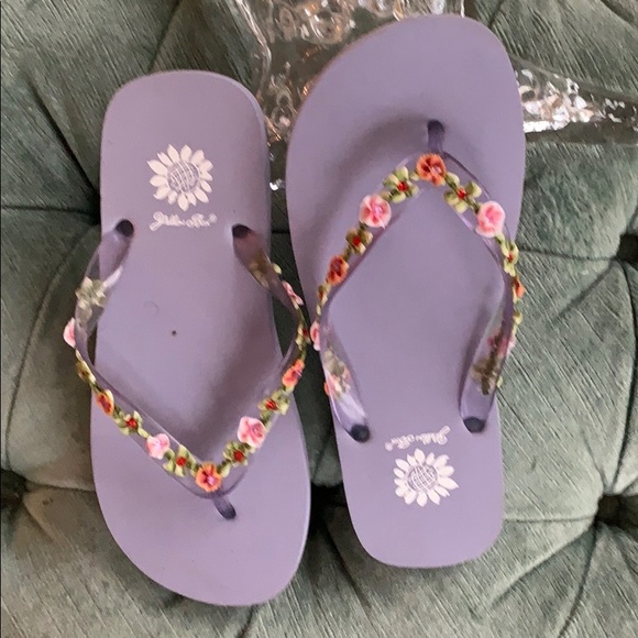 purple yellow box flip flops
